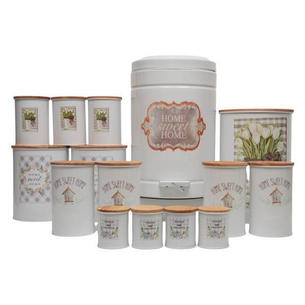 سرویس آشپزخانه ۱۵ پارچه فلزی پلاتا شامل سطل برنج، قند، آرد، ادویه و سطل زباله، مناسب نظم‌دهی کابینت