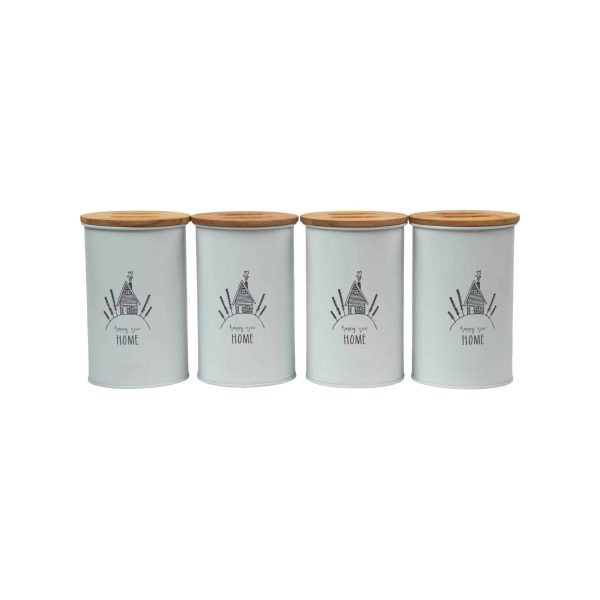 بانکه فلزی نگهداری حبوبات پلاتا با درب بامبو چفتی و ضد رطوبت، انتخابی حرفه‌ای برای نظم کابینت‌ها ست 4 عددی از زاویه رو به رو