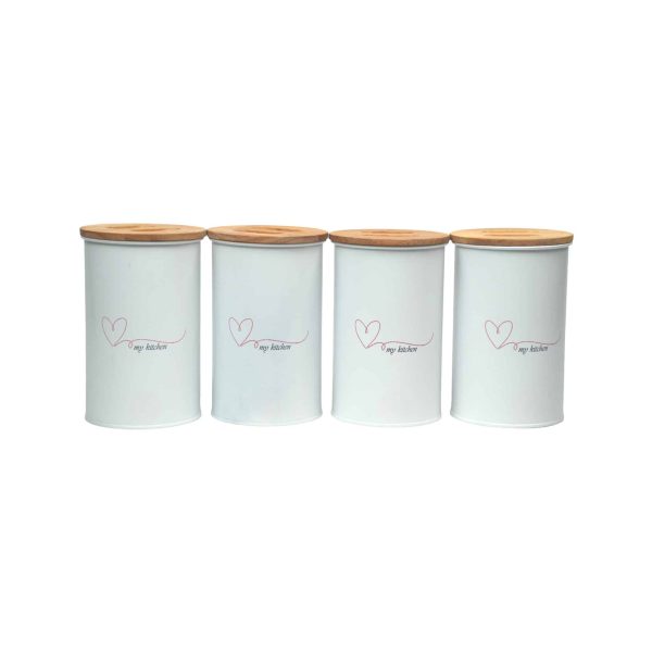 بانکه فلزی نگهداری حبوبات پلاتا با درب بامبو چفتی طرح شکوفه و ضد رطوبت، انتخابی حرفه‌ای برای نظم کابینت‌ها ست 4 عددی از زاویه رو به رو