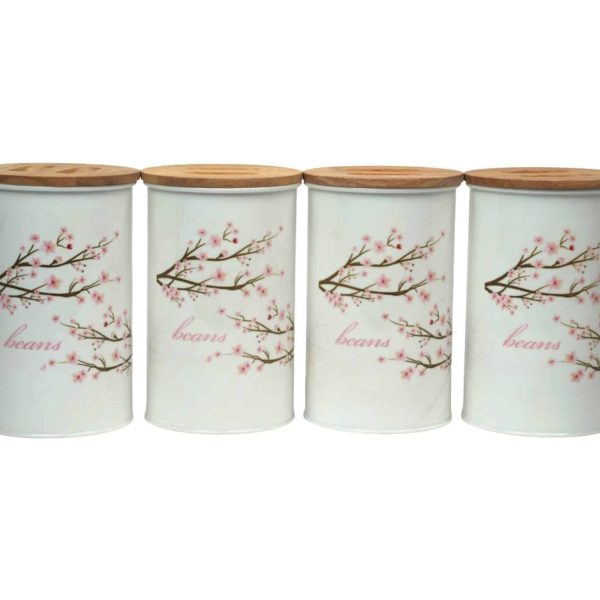 بانکه فلزی نگهداری حبوبات پلاتا با درب بامبو چفتی طرح شکوفه و ضد رطوبت، انتخابی حرفه‌ای برای نظم کابینت‌ها ست 4 عددی از زاویه رو به رو