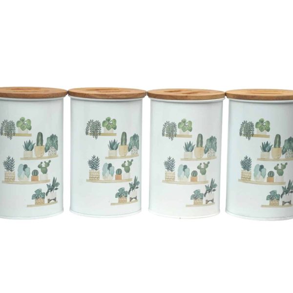 بانکه فلزی نگهداری حبوبات پلاتا با درب بامبو چفتی و ضد رطوبت، انتخابی حرفه‌ای برای نظم کابینت‌ها ست 4 عددی از زاویه رو به رو